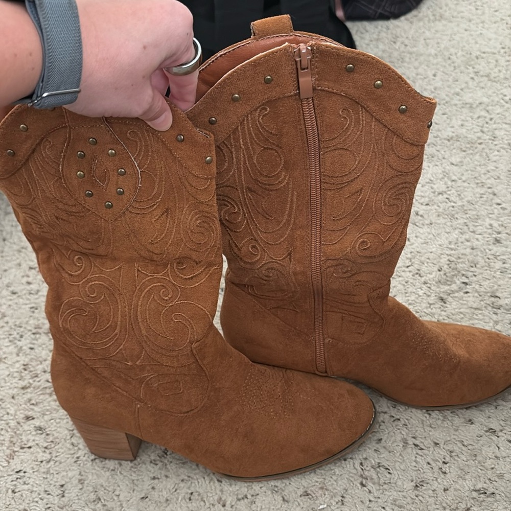 Brown suede cowboy boots